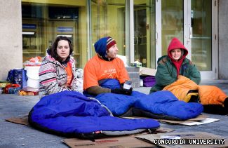 Kim McAllister, Chris Perron and Michelle Racine are among those sleeping outside the GM Building to raise funds for Dans La Rue.